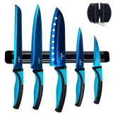 Kitchen Knife Set Kit | Blue Handle, Blue Blade & Black Magnetic Rack