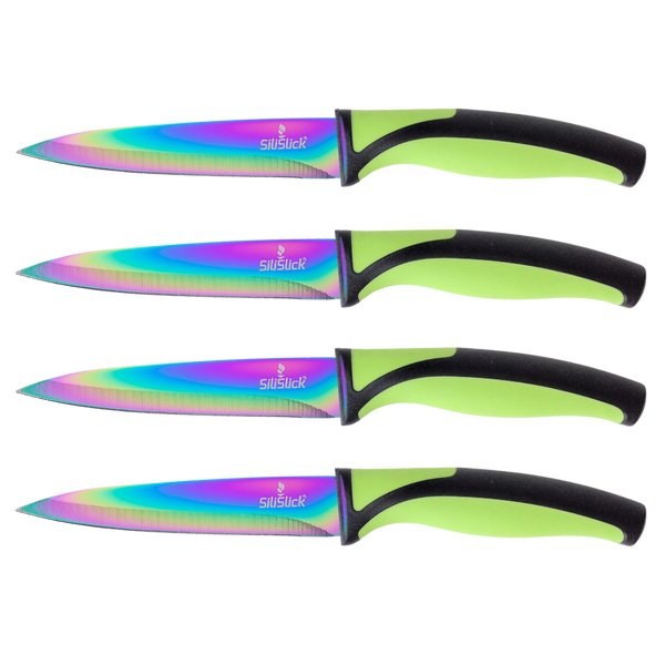 Steak Knife Set - Iridescent/Rainbow Titanium Coated Stainless Steel Knives - 5 inch / 12.7cm - (4 Green) | SiliSlick®