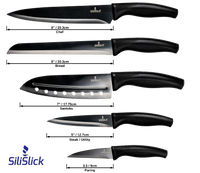 Kitchen Knife Set Kit | Black Handle, Black Blade & Red Magnetic Rack