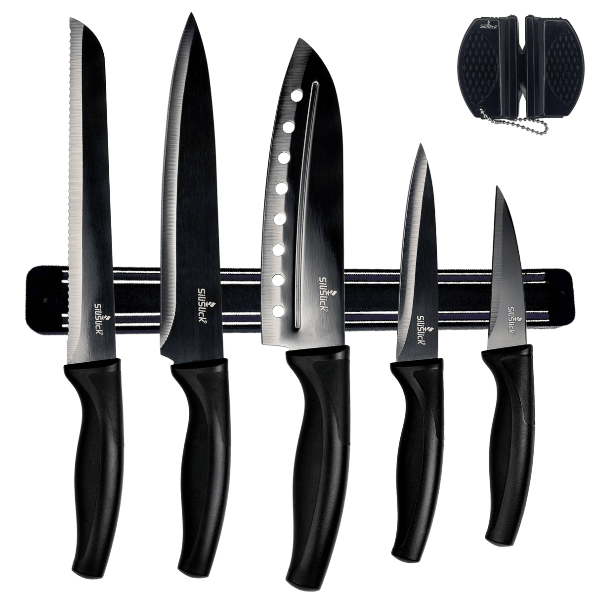 Kitchen Knife Set Kit Black Handle, Black Blade & Black Rac