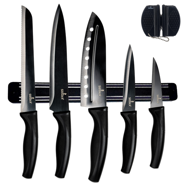 Kitchen Knife Set Kit | Black Handle, Black Blade & Black Magnetic Rack