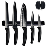 Professional kitchen knife set kit with black magnetic rack and sharpener on a wooden surface