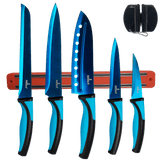 professional kitchen knife set with magnetic rack and portable sharpener on countertop