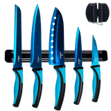 Professional kitchen knife set with 5 titanium-coated blades, black magnetic rack, and sharpener