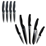 Kitchen knife set and steak knives bundle with black handles and stainless steel blades for precise cutting