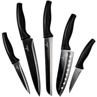 5pc titanium coated kitchen knife set and 6pc steak knife set with ergonomic black handles.