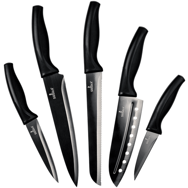 5pc titanium coated kitchen knife set and 6pc steak knife set with ergonomic black handles.