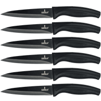 6-piece steak knife set with black blades and comfortable grips for precise cutting.