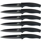 6-piece steak knife set with black blades and comfortable grips for precise cutting.