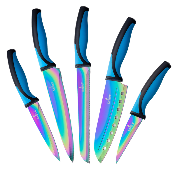 fast trække Tilmeld SiliSlick - 5 Piece Iridescent Titanium Coated Stainless Steel Knife Set –  Ultra Sharp Blades, Ergonomic Handles - Blue Handle – SiliSlick®