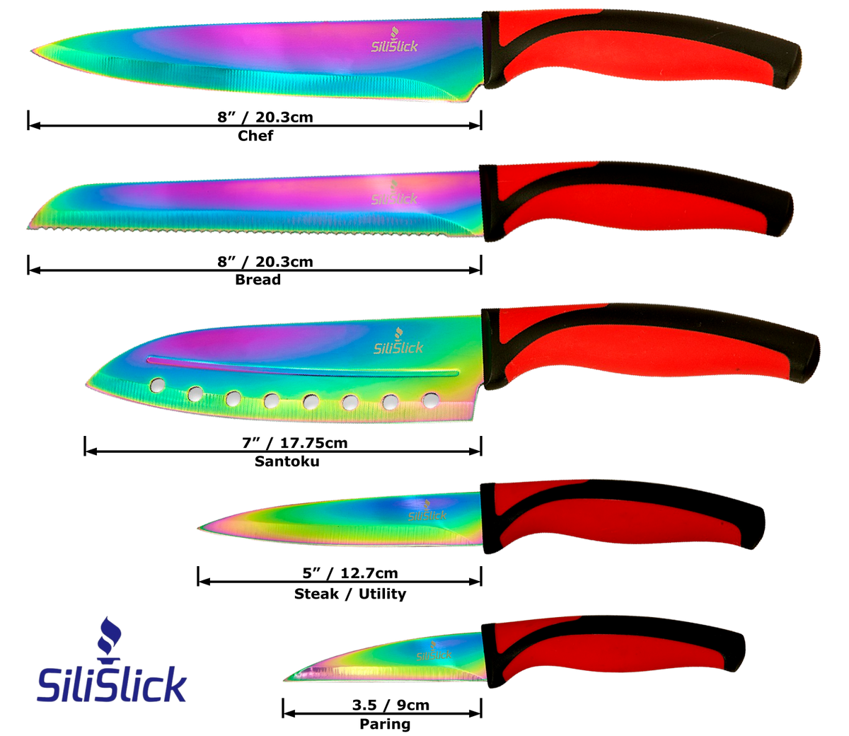 SiliSlick Kitchen Knife Set Titanium Coated Sharp Stainless Steel Rainbow  Blades in its Own Sheath 