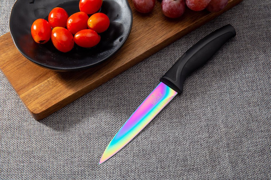  SiliSlick Kitchen Knife Set Professional, Titanium Coated  Stainless Steel Blades, Dishwasher Safe, Safety Sheaths, 5 Knives: Home &  Kitchen
