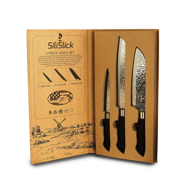 SiliSlick Embossed Hammered Blades 3 Piece Knife Set – SiliSlick®