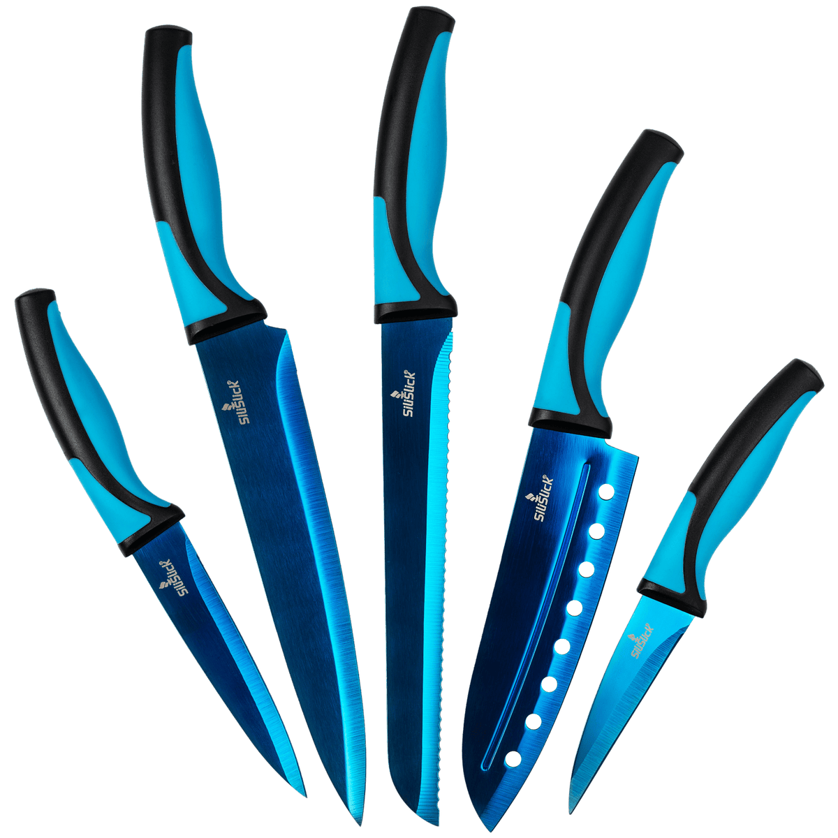 SiliSlick Kitchen Knife Set , 5 Chef Knives , Titanium Coated Iridescent  Stainless Steel Rainbow Blades & Ergonomic Hand