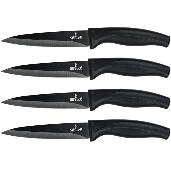 Steak Knife Set - Iridescent/Rainbow Titanium Coated Stainless Steel Knives - 5 inch / 12.7cm - (4 Black Handle, Black Blade) | SiliSlick®