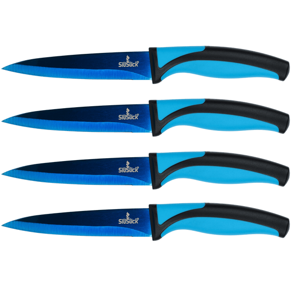 Steak Knife Set - Iridescent/Rainbow Titanium Coated Stainless Steel Knives - 5 inch / 12.7cm - (4 Blue Handle, Blue Blade) | SiliSlick®