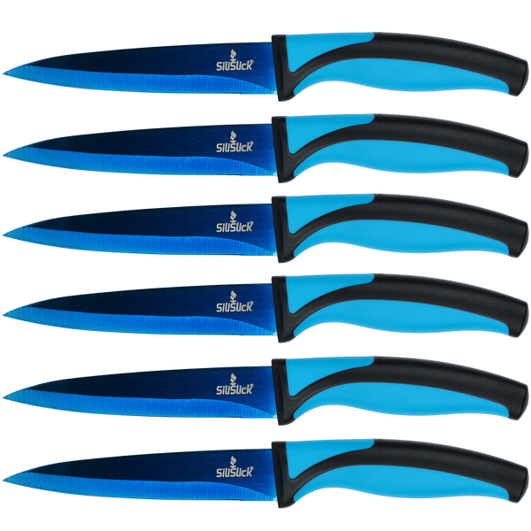 Steak Knife Set - Iridescent/Rainbow Titanium Coated Stainless Steel Knives - 5 inch / 12.7cm - (6 Blue Handle, Blue Blade) | SiliSlick®