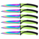 Steak Knife Set - Iridescent/Rainbow Titanium Coated Stainless Steel Knives - 5 inch - 6 Green Handles by SiliSlick®