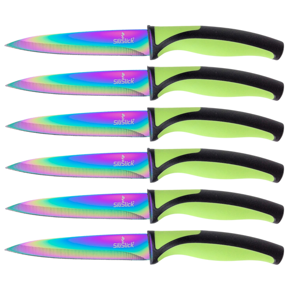 Steak Knife Set - Iridescent/Rainbow Titanium Coated Stainless Steel Knives - 5 inch / 12.7cm - (6 Green) | SiliSlick®