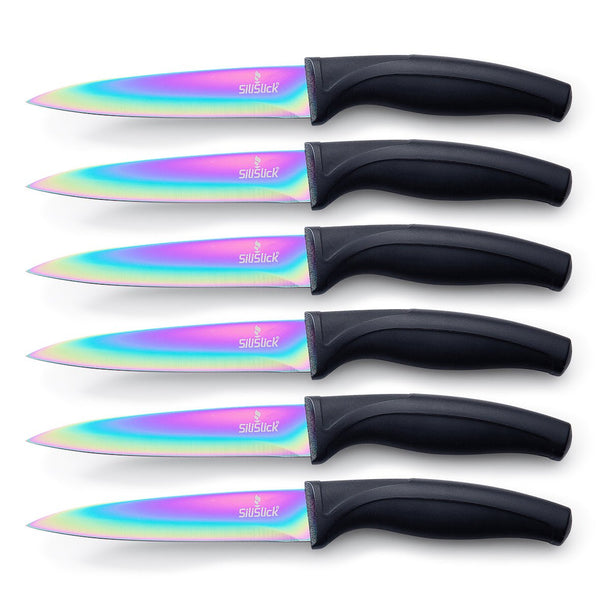 Steak Knife Set - Iridescent/Rainbow Titanium Coated Stainless Steel Knives - 5 inch / 12.7cm - (6 Black) | SiliSlick®