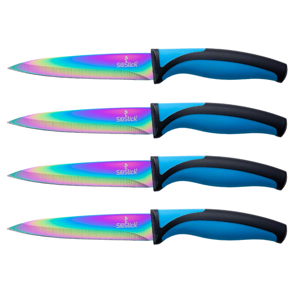 SiliSlick Steak Knife Set - Iridescent/Rainbow Titanium Coated Stainless  Steel Knives - 5 inch / 12.7cm - (6 Blue) 