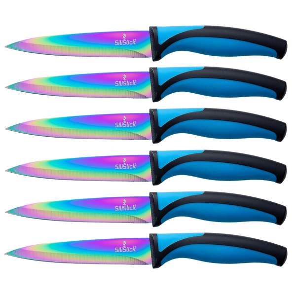 Steak Knife Set - Iridescent/Rainbow Titanium Coated Stainless Steel Knives - 5 inch / 12.7cm - (6 Blue) | SiliSlick®