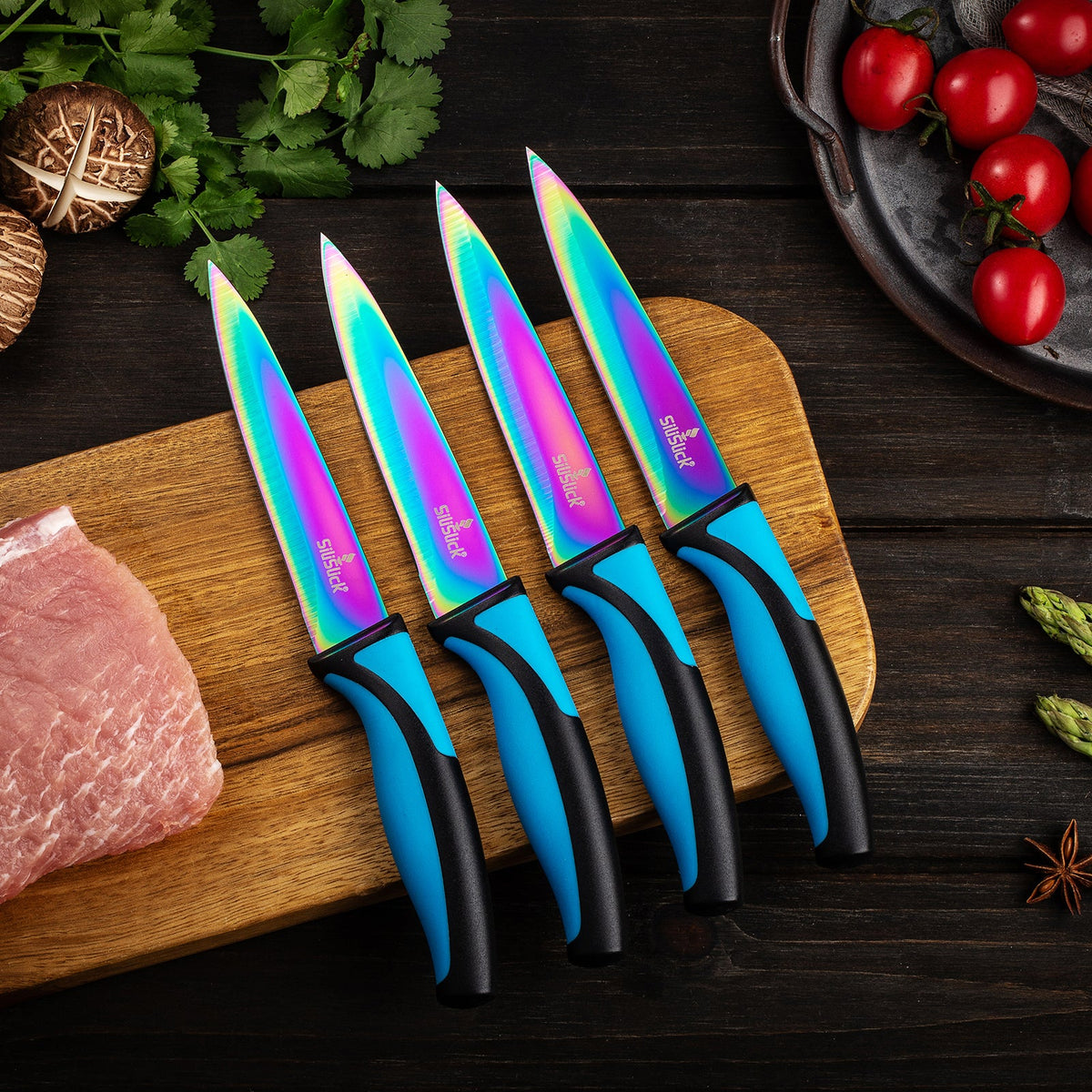 SiliSlick 4 Piece Blue Steak Knife Set - Stainless Steel Blades