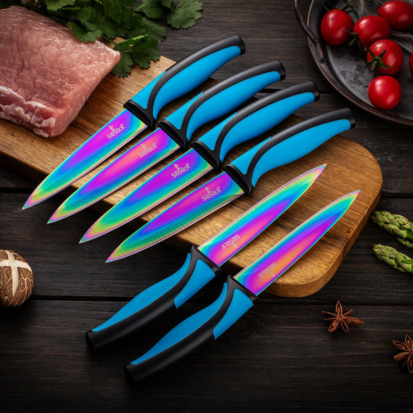 SiliSlick Steak Knife Set - Iridescent/Rainbow Titanium Coated Stainless Steel Knives - 5 inch / 12.7cm - (Black) Black Handle / 4