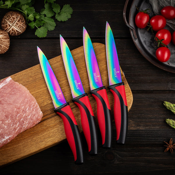 SiliSlick Steak Knife Set - Iridescent/Rainbow Titanium Coated Stainless  Steel Knives - 5 inch / 12.7cm - (6 Red)