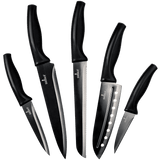 Kitchen knife set with black ergonomic handles and black blades featuring iridescent finish and non-stick surface