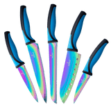 Kitchen knife set with iridescent stainless steel blades and blue ergonomic handles