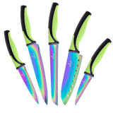 Kitchen knife set with green ergonomic handles and iridescent stainless steel blades