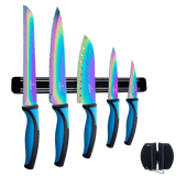 Kitchen knife set kit with five iridescent blades, blue handles, black magnetic rack, and sharpener.