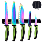 Kitchen knife set kit with green handles and iridescent blades on black magnetic rack with sharpener tool