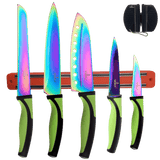 Kitchen Knife Set Kit with iridescent blades, green ergonomic handles, red magnetic rack, and sharpener.