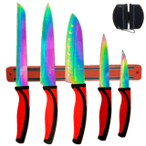 Kitchen knife set with red handles, iridescent blades, red magnetic rack, and sharpener