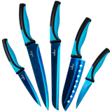 Kitchen Knife Set with titanium coated blue blades and ergonomic black and blue handles isolated on white background