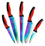 Kitchen knife set with red handles and iridescent titanium coated blades including chef, bread, Santoku, utility, and paring knives