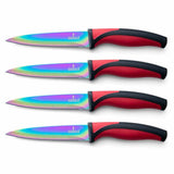 Set of four steak knives with rainbow titanium coated blades and red ergonomic handles
