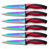 Set of six steak knives with rainbow titanium-coated blades and red and black ergonomic handles