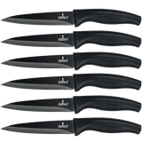 Set of six black-handled steak knives with smooth black titanium-coated blades