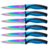 Set of six steak knives with rainbow titanium coated blades and blue handles
