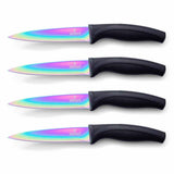 Steak knife set with four rainbow titanium coated blades and black ergonomic handles