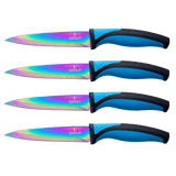 Set of four steak knives with rainbow titanium-coated stainless steel blades and blue black handles