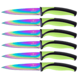 Six steak knives with rainbow titanium-coated blades and green ergonomic handles