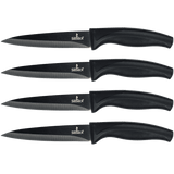 Set of four titanium-coated steak knives with black handles and smooth blades