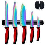 Kitchen Knife Set Kit with red handles, iridescent blades, magnetic black rack, and sharpener