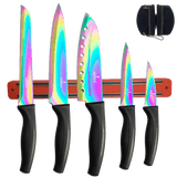 Rainbow titanium coated kitchen knife set with black ergonomic handles, red magnetic rack, and sharpener.