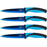Set of four titanium coated blue blade steak knives with black and blue ergonomic handles