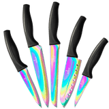 Kitchen knife set with black ergonomic handles and iridescent stainless steel blades